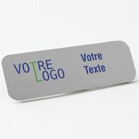 Standard shape, metal Name tag brushed aluminum silver color, magnetic fastener, same content